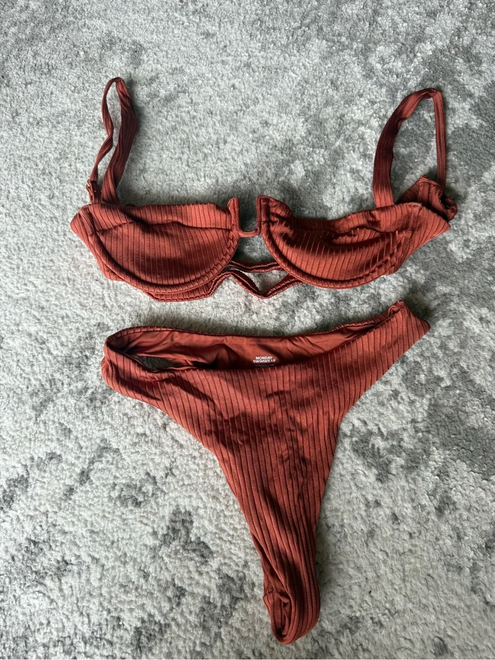 Monday Swimwear Ribbed Underwire Bikini Top in Rust Brown